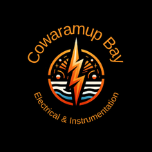 logo for cowaramup bay electrical featuring an electricity symbol with elements of earth and ocean on a black background with the words cowaramup bay electrical encircled around it