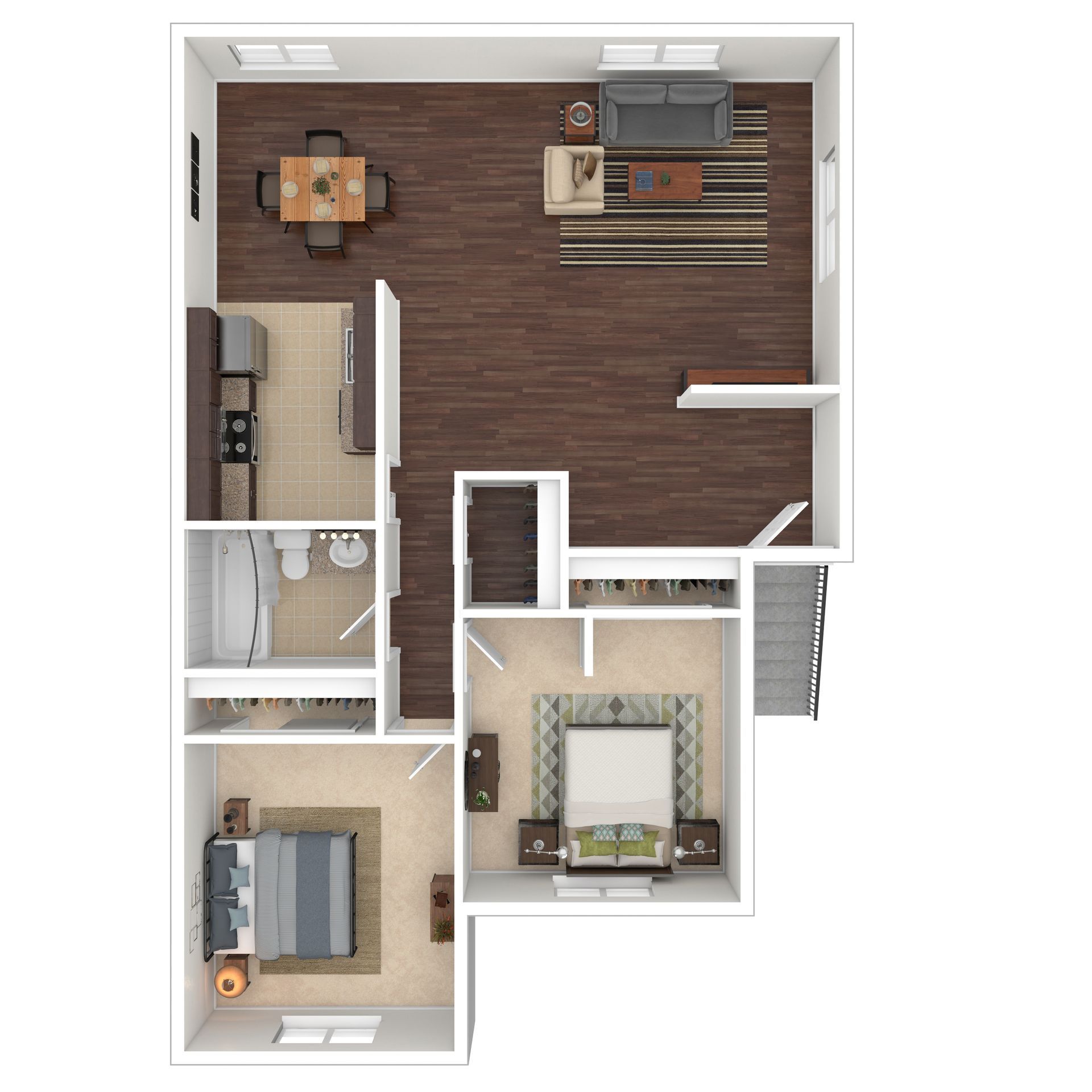Floor plan of a two-bedroom apartment. Includes kitchen, living area, dining table, and two bedrooms.