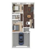 Floor plan: Two-bedroom apartment with garage. Bedrooms, bath, kitchen/living areas. Includes furniture layout.
