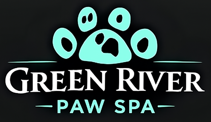 Green River Paw Spa logo: aqua paw print above white text on a black background.