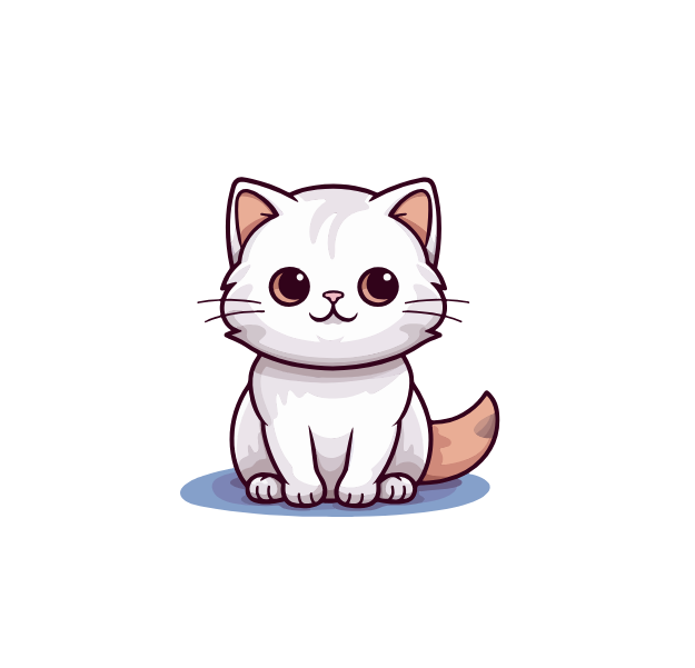 White cartoon cat with big brown eyes, sitting with a curled peach-colored tail.