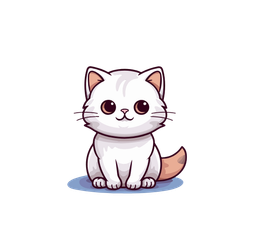 White cartoon cat with big brown eyes, sitting with a curled peach-colored tail.