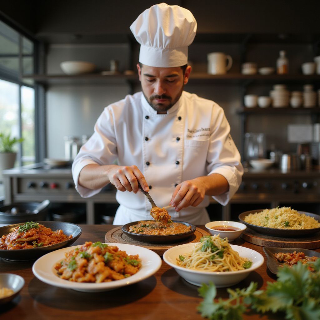 Koch mit asiatischem Essen vor sich