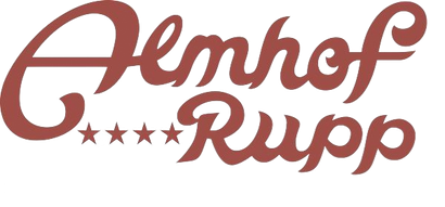 „Amhof Rupp“ Schriftzug mit vier Sternen, rotbraune Farbe.