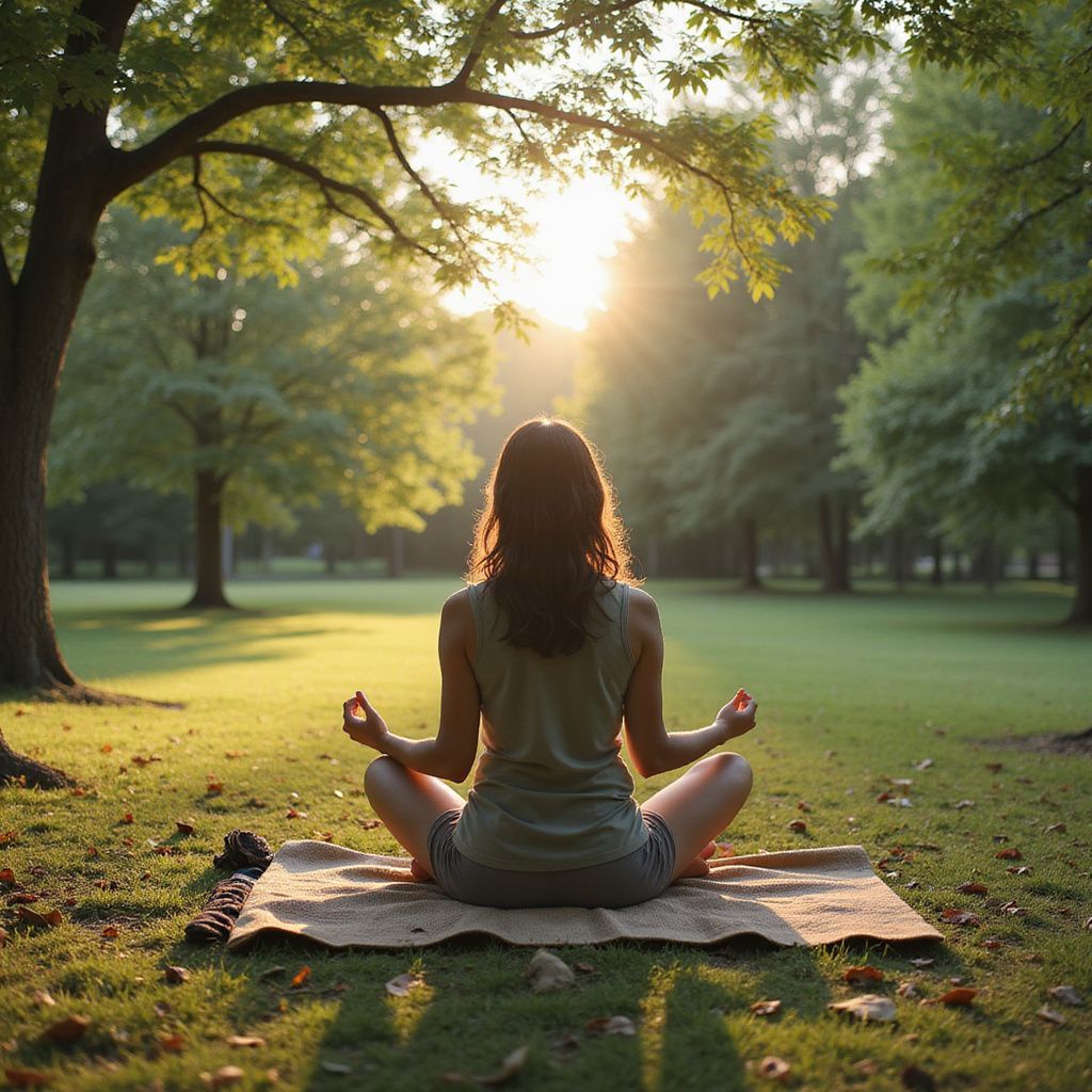 Frau meditiert auf einer Matte auf einer Wiese, Sonnenlicht scheint durch die Bäume.