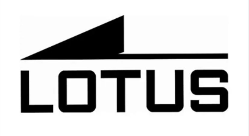Logo Lotus: testo nero, forma angolata nera sopra la
