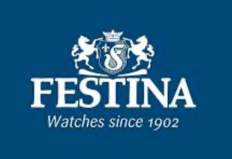 Logo di Festina Watches con stemma sopra il nome del marchio, testo in bianco su sfondo blu.