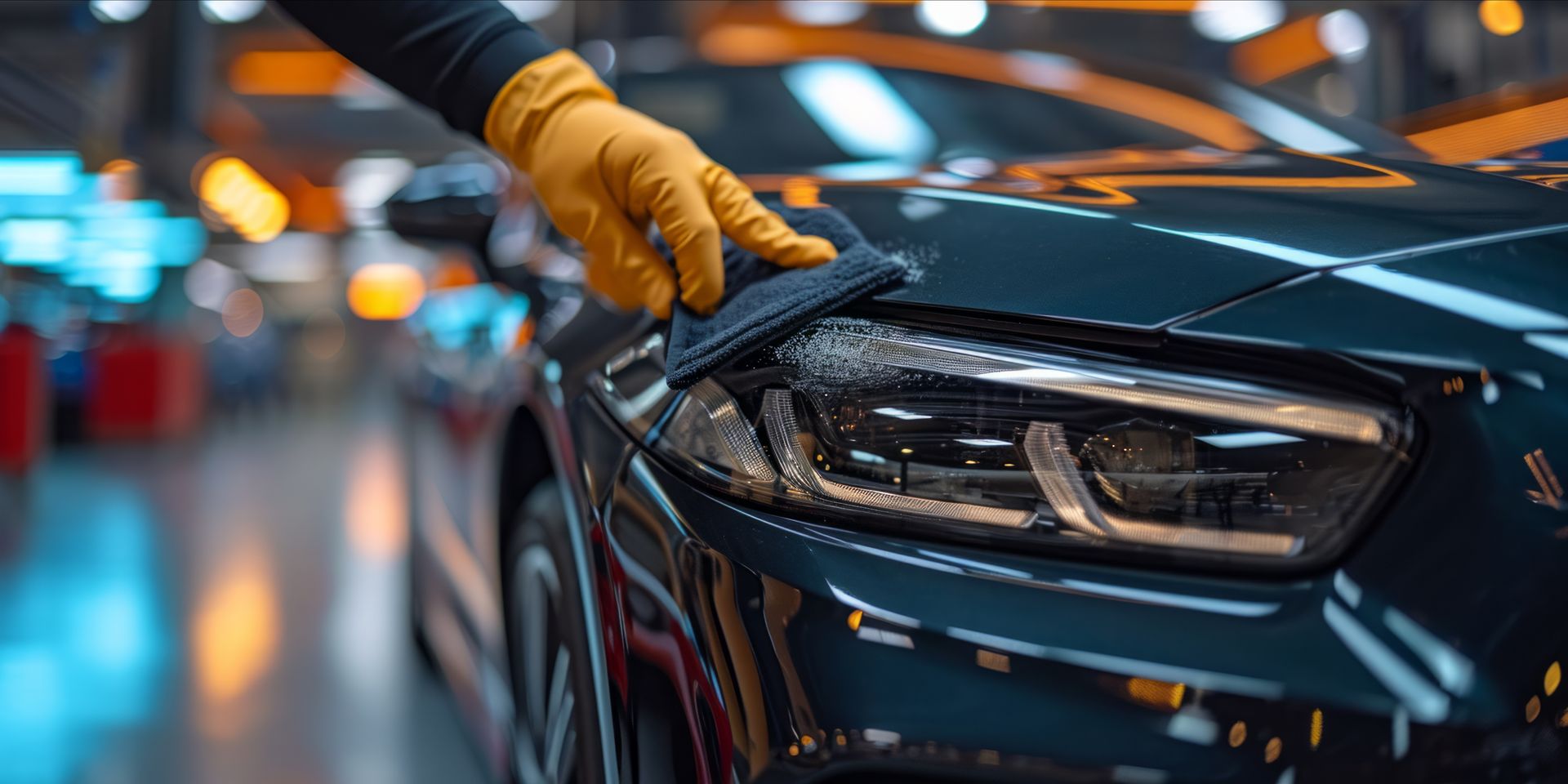 A person wearing yellow gloves cleaning a black car with a microfiber cloth.