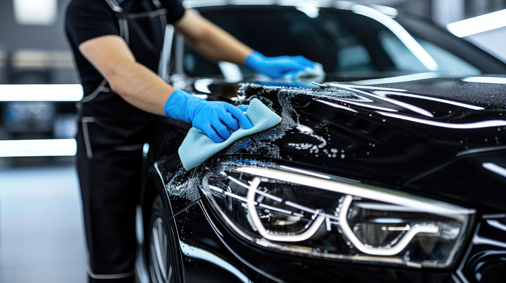 Person washing a black car; wearing blue gloves; water and cloth visible.