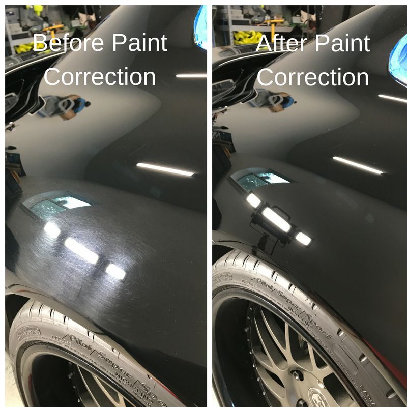 Comparison: black car's paint before and after correction. Shows swirls and scratches remove