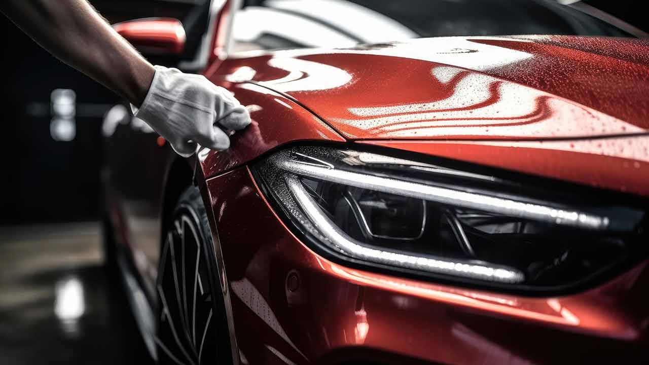 Person in a glove cleaning the shiny red front of a car.