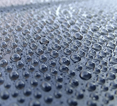 Close-up of numerous water droplets beaded on a dark, shiny surface, reflecting light.
