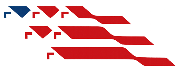 A graphic design of three horizontal, stylized red lines with angled edges, preceded by small, matching chevron icons.