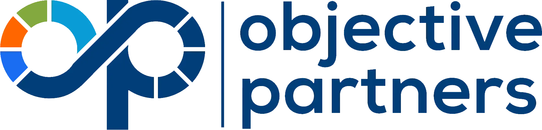 The logo for objective partners is blue and white with a circle in the middle.