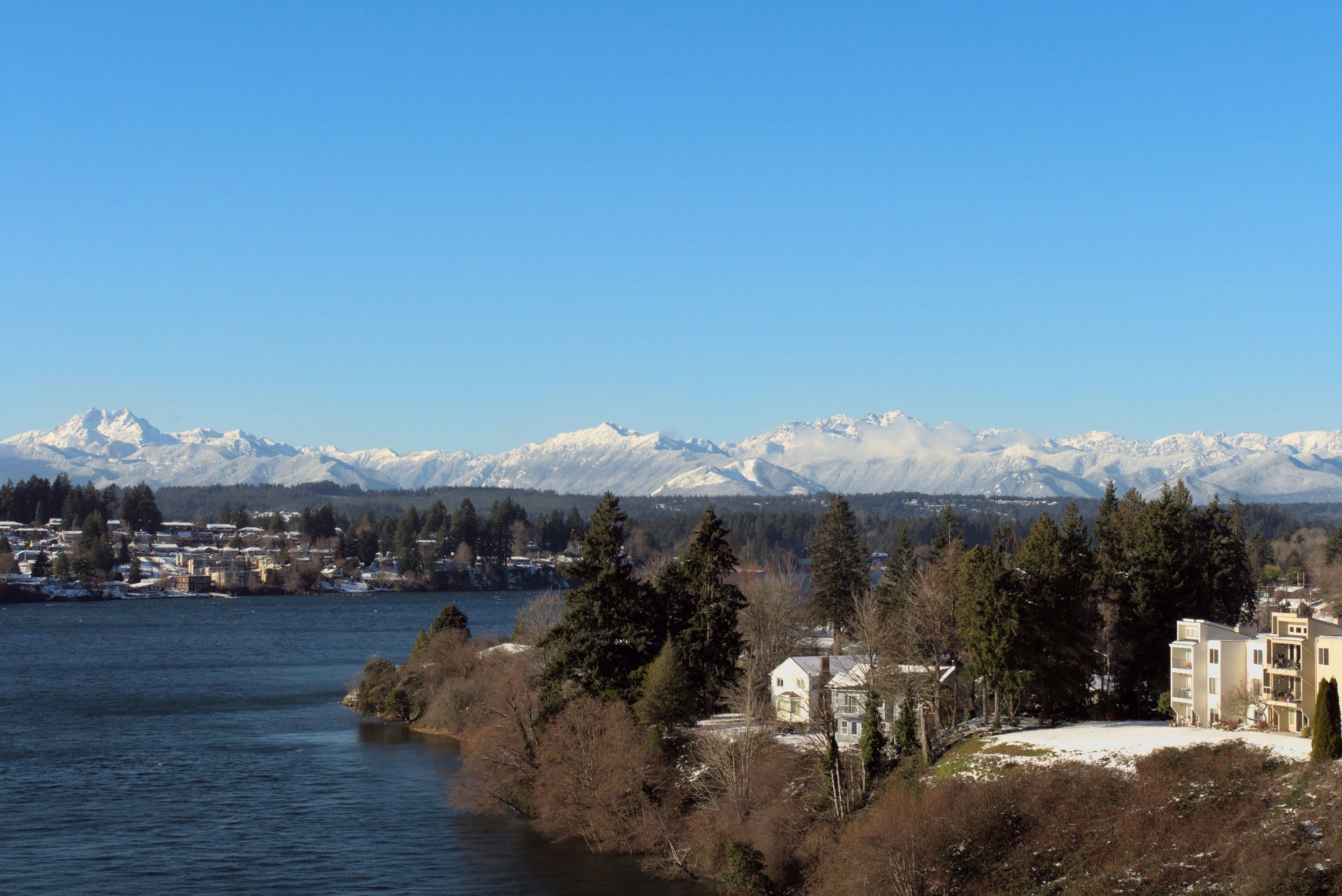 A lake with mountains in the background and houses in the foreground