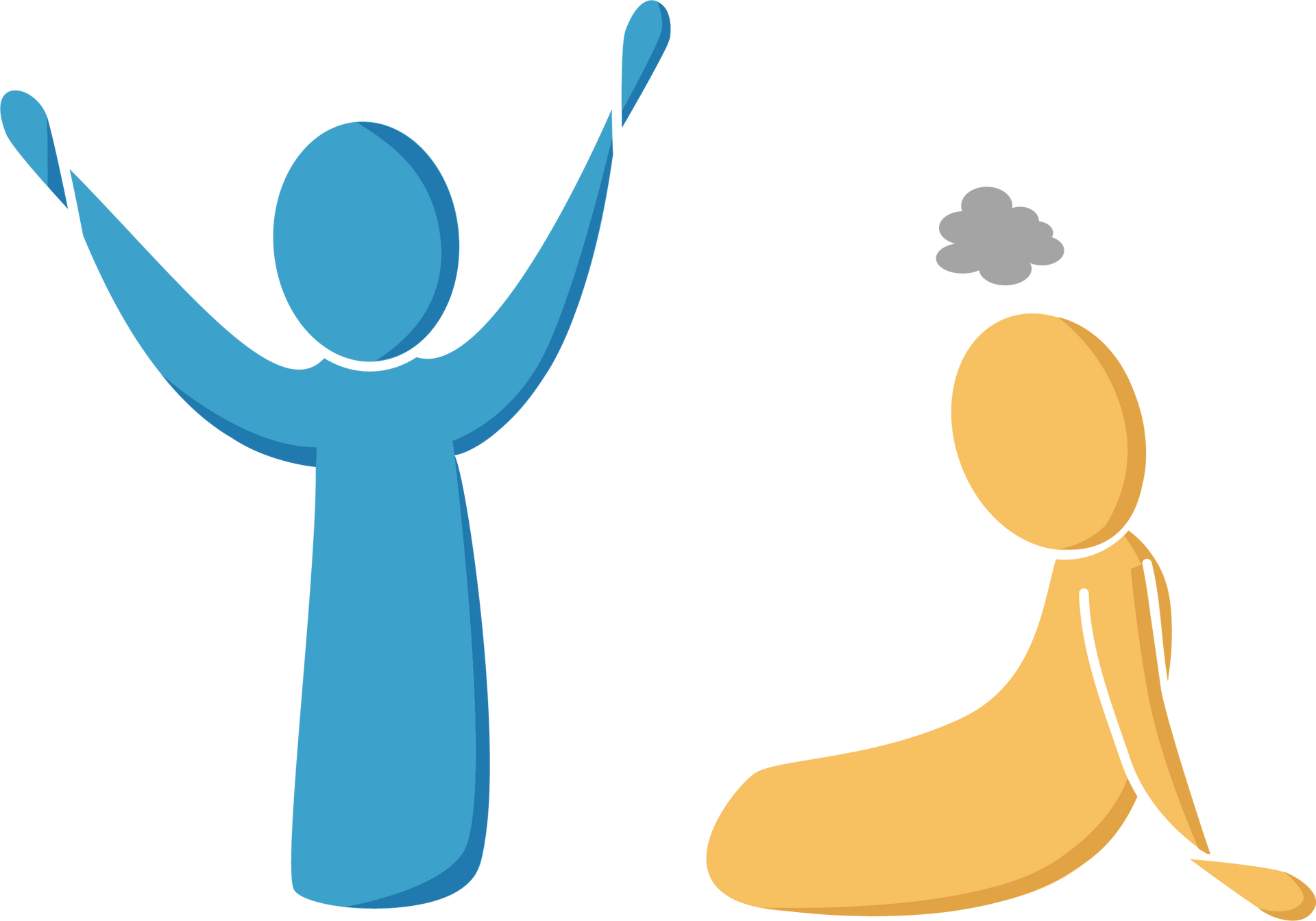 A blue stick figure is standing next to a yellow stick figure sitting down.