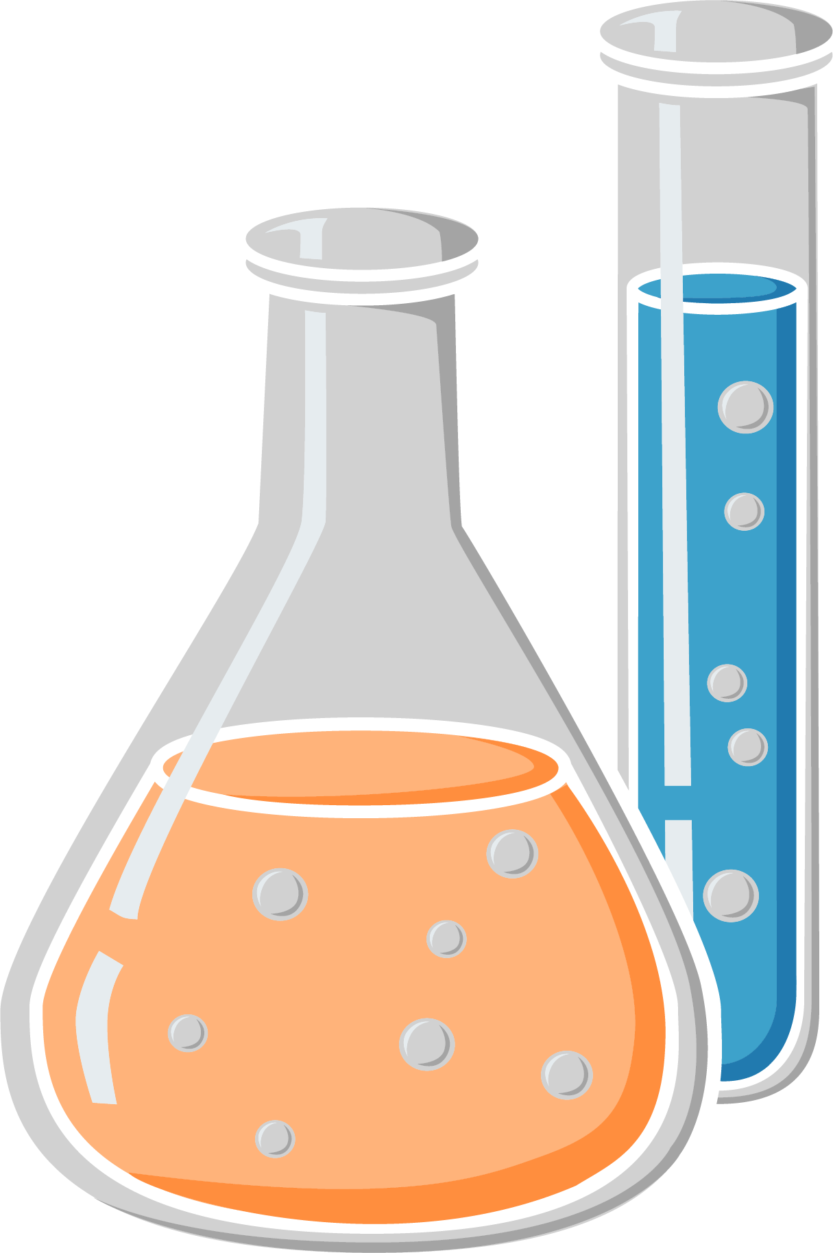 A beaker and a test tube filled with orange and blue liquid.