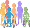 Group of six colorful stick figures, one in a wheelchair, another seated, others standing.