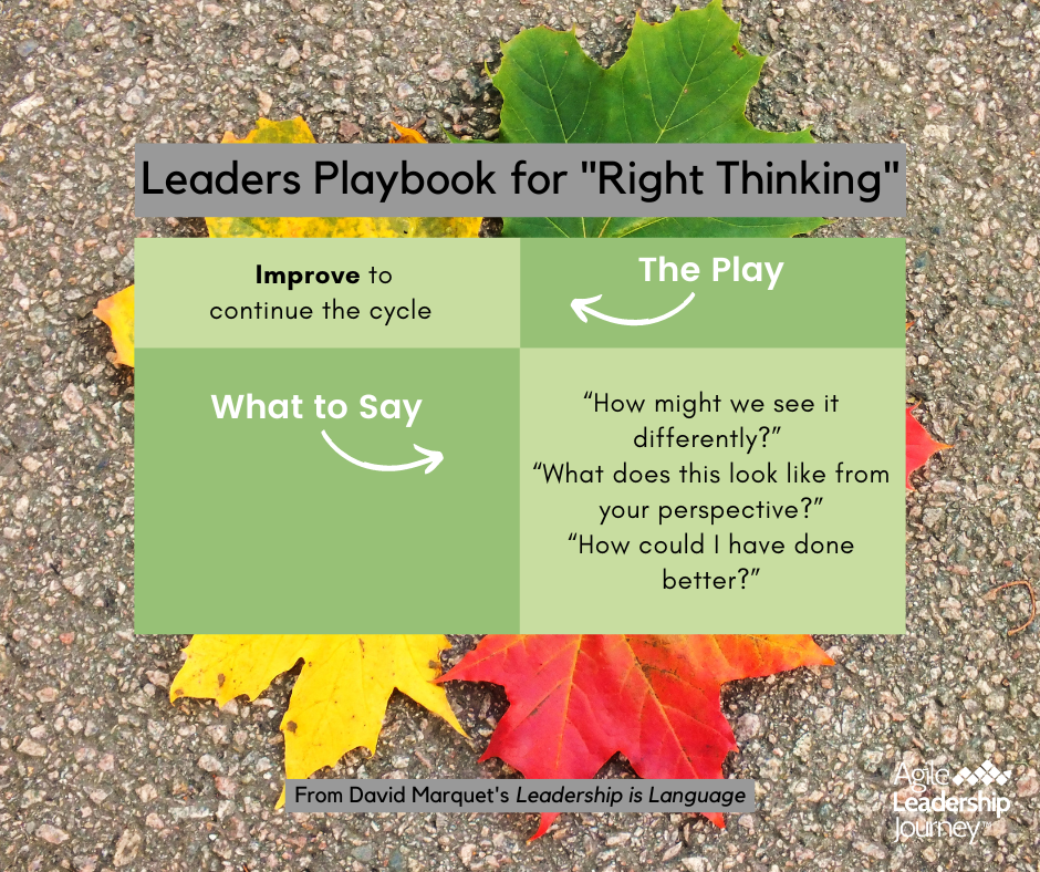 Step five from David Marquet's Leaders play book. Black text on a green background, 