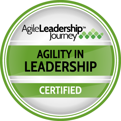A badge that says agile leadership journey agility in leadership certified
