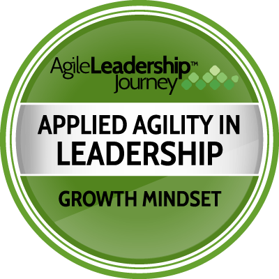 A green badge that says applied agility in leadership growth mindset
