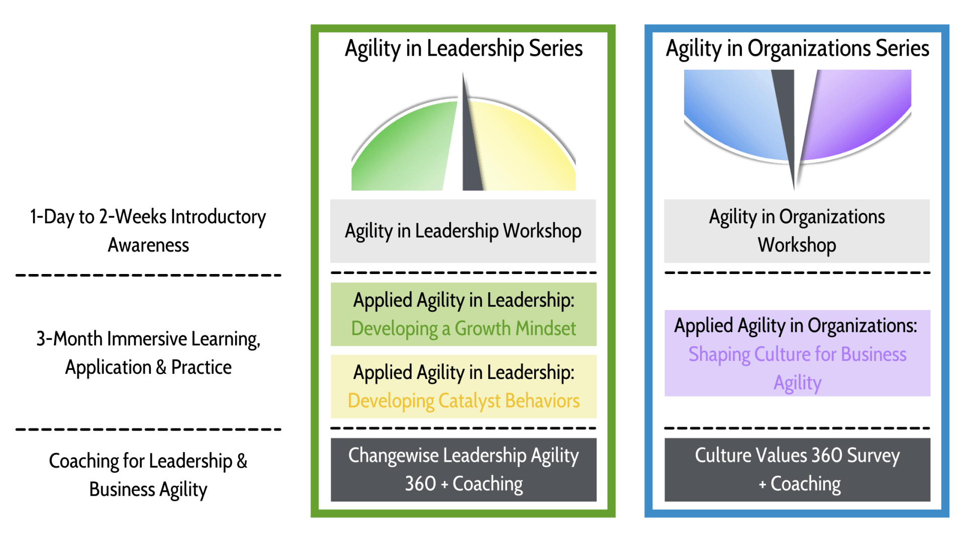 a three column illustration of the agile leadership journey programming and progression under each part of the compass.