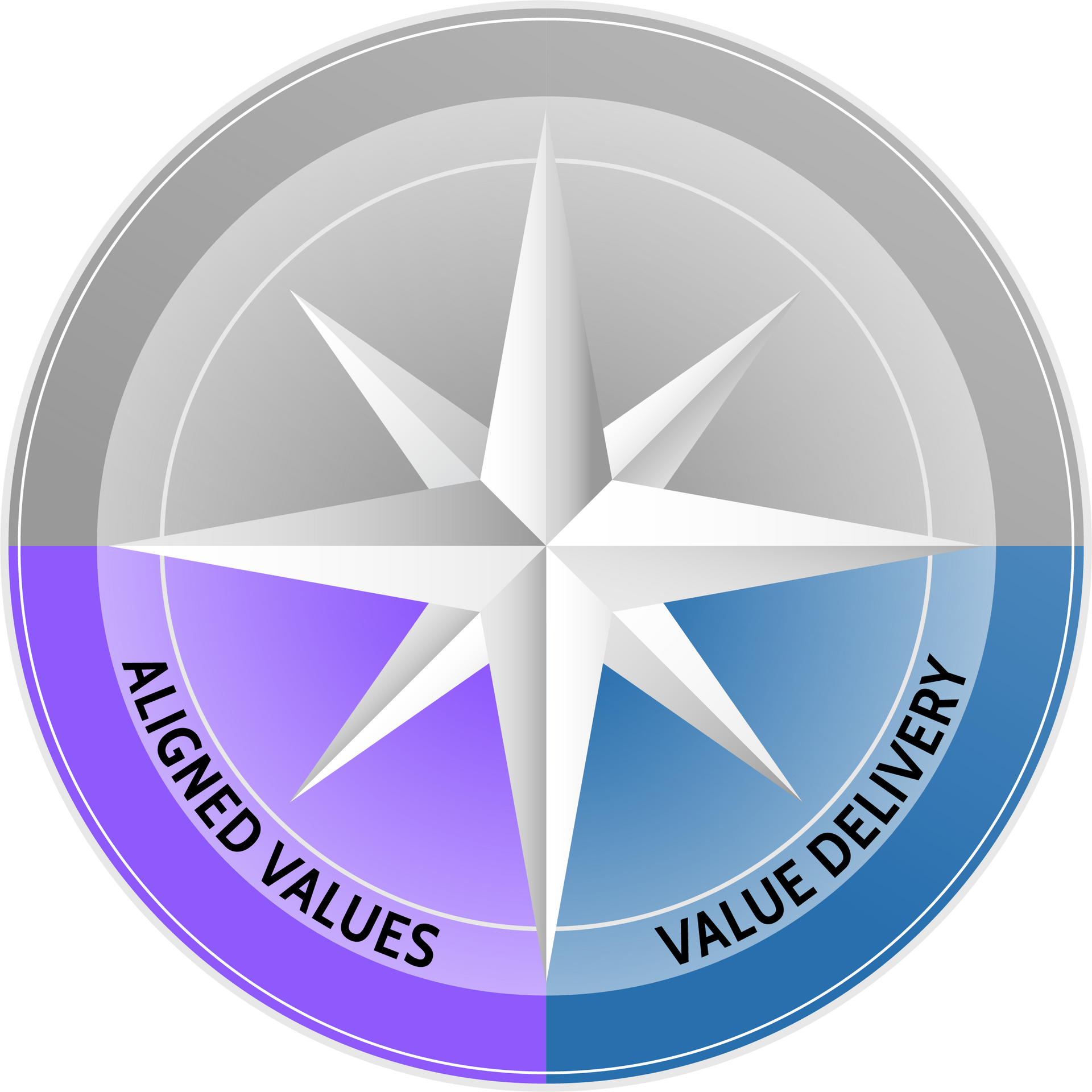 the bottom half of the leadership journey compass in color with the words aligned values and value delivery; the to half of the compass is in grey scale without words