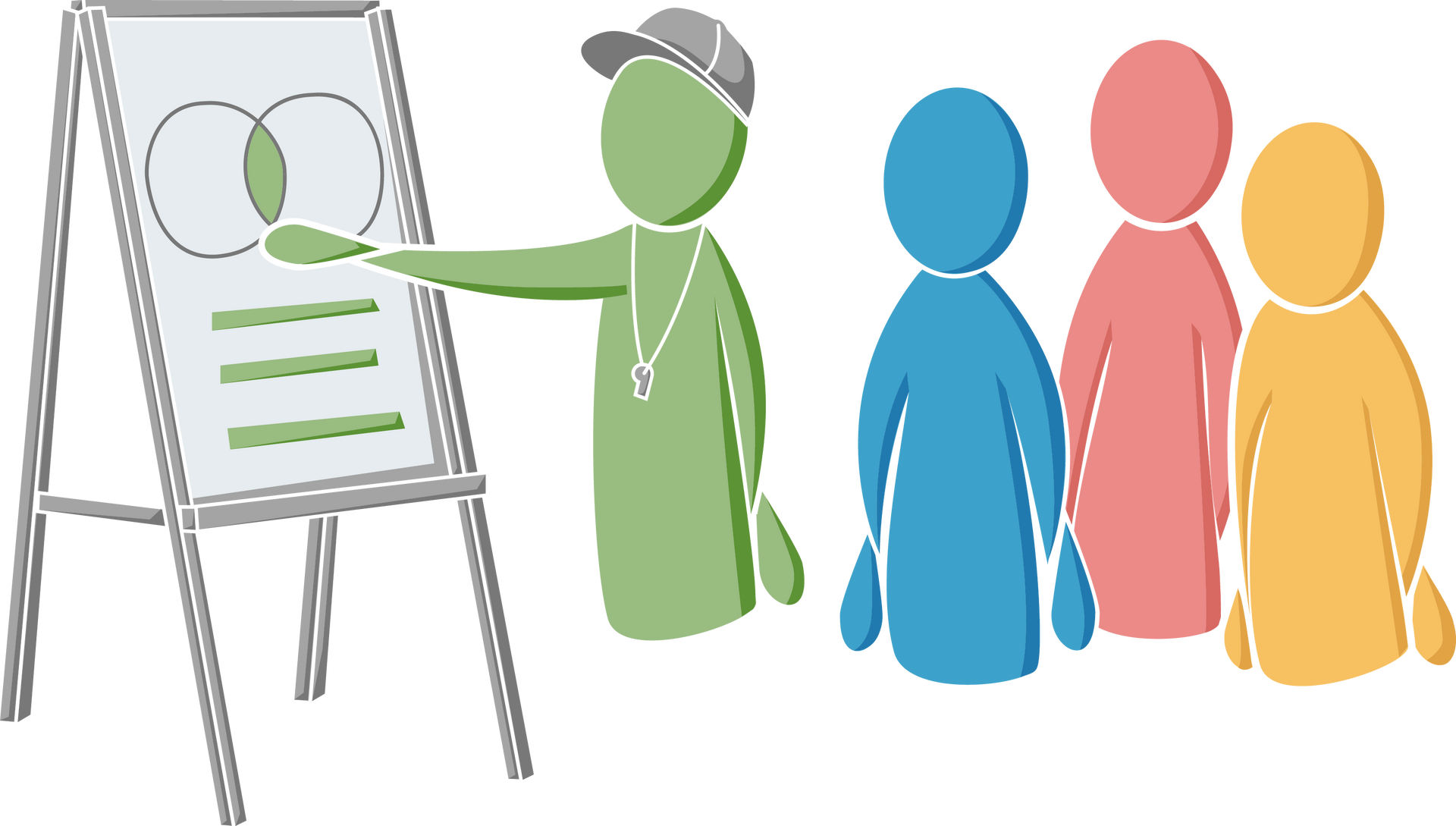A coach in green points at a whiteboard with overlapping circles; three figures