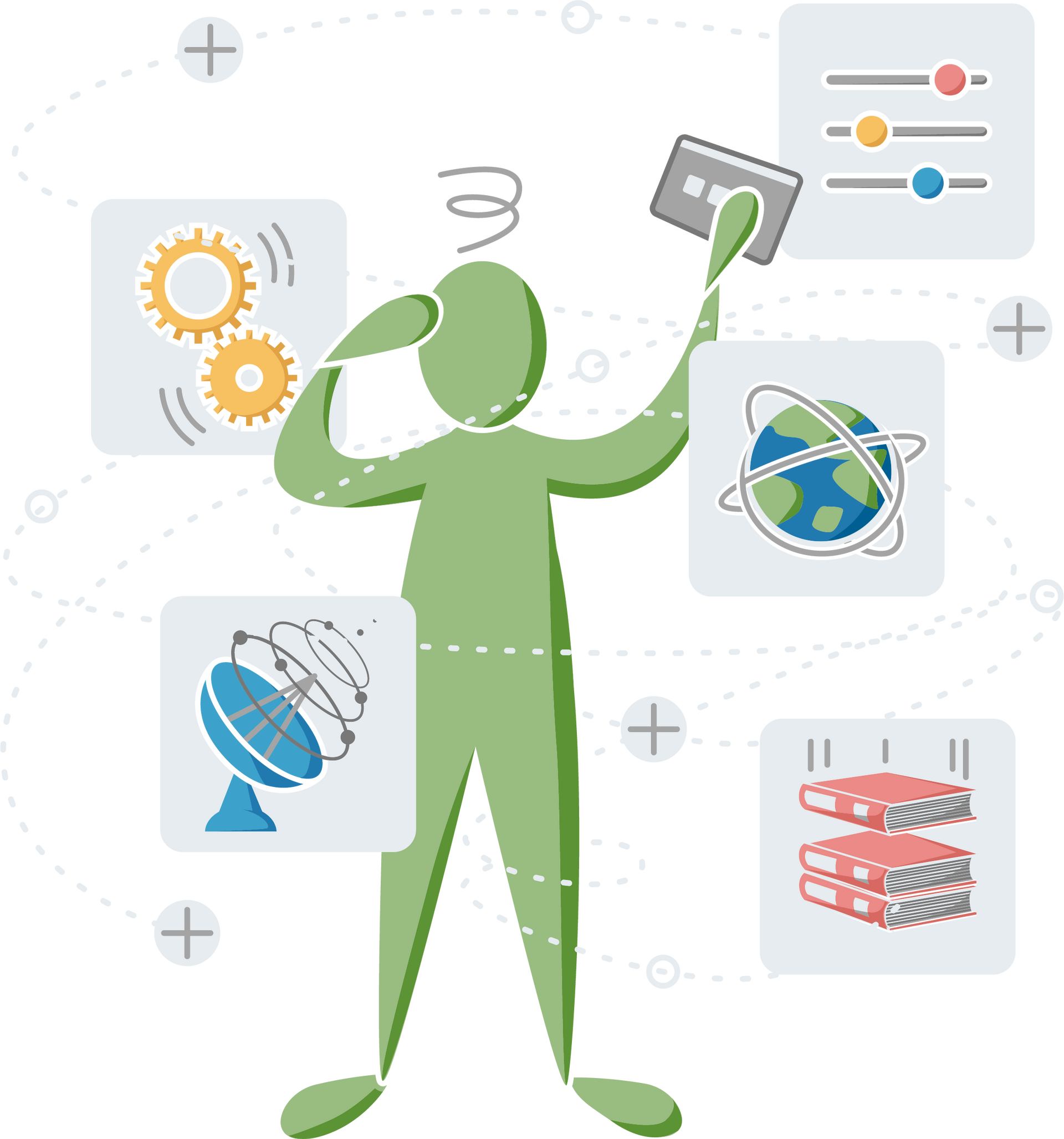 A green silhouette of a person dazed and overwhelmed by the complexity around them including icons representing globalization, technology, compliance, and operations.