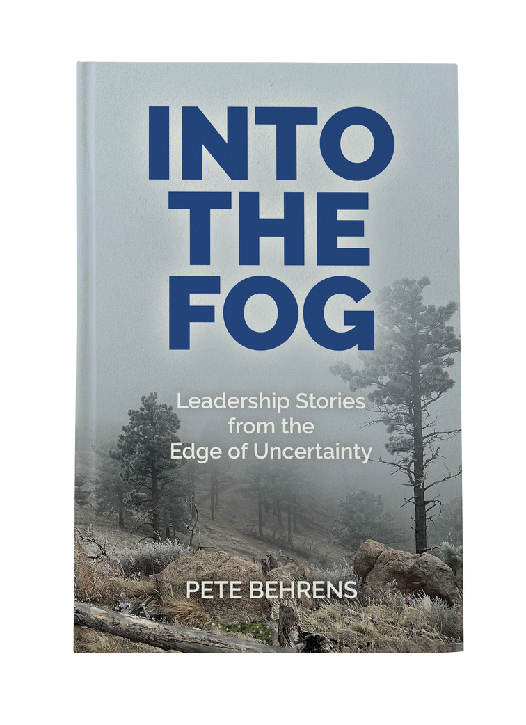 The cover of a book titled into the fog leadership stories from the edge of uncertainty by Pete Behrens.