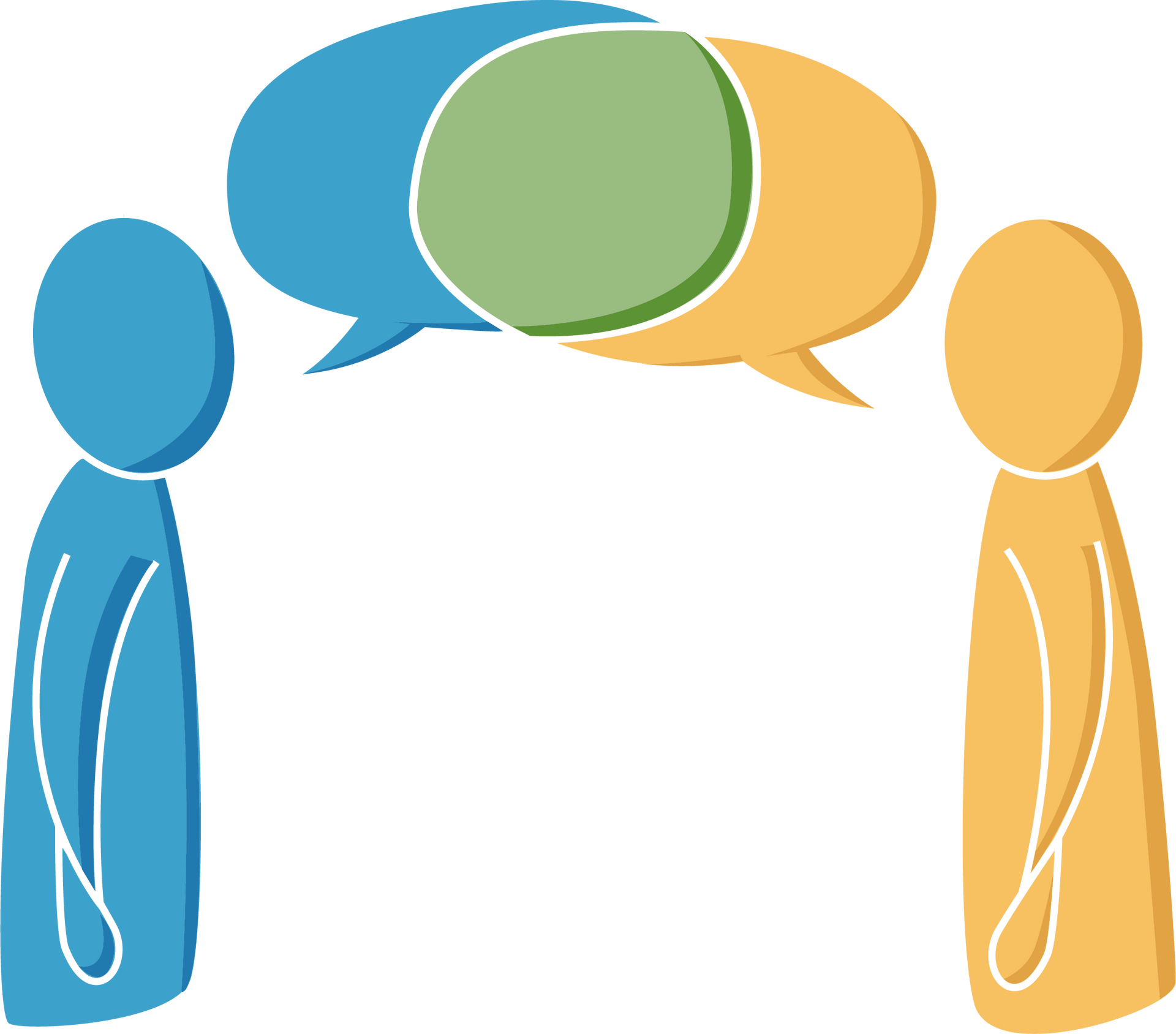 A cartoon outline of two people talking to each other. The figure on the left is colored blue, the one on the right is yellow. Where their talk bubbles overlap is green.