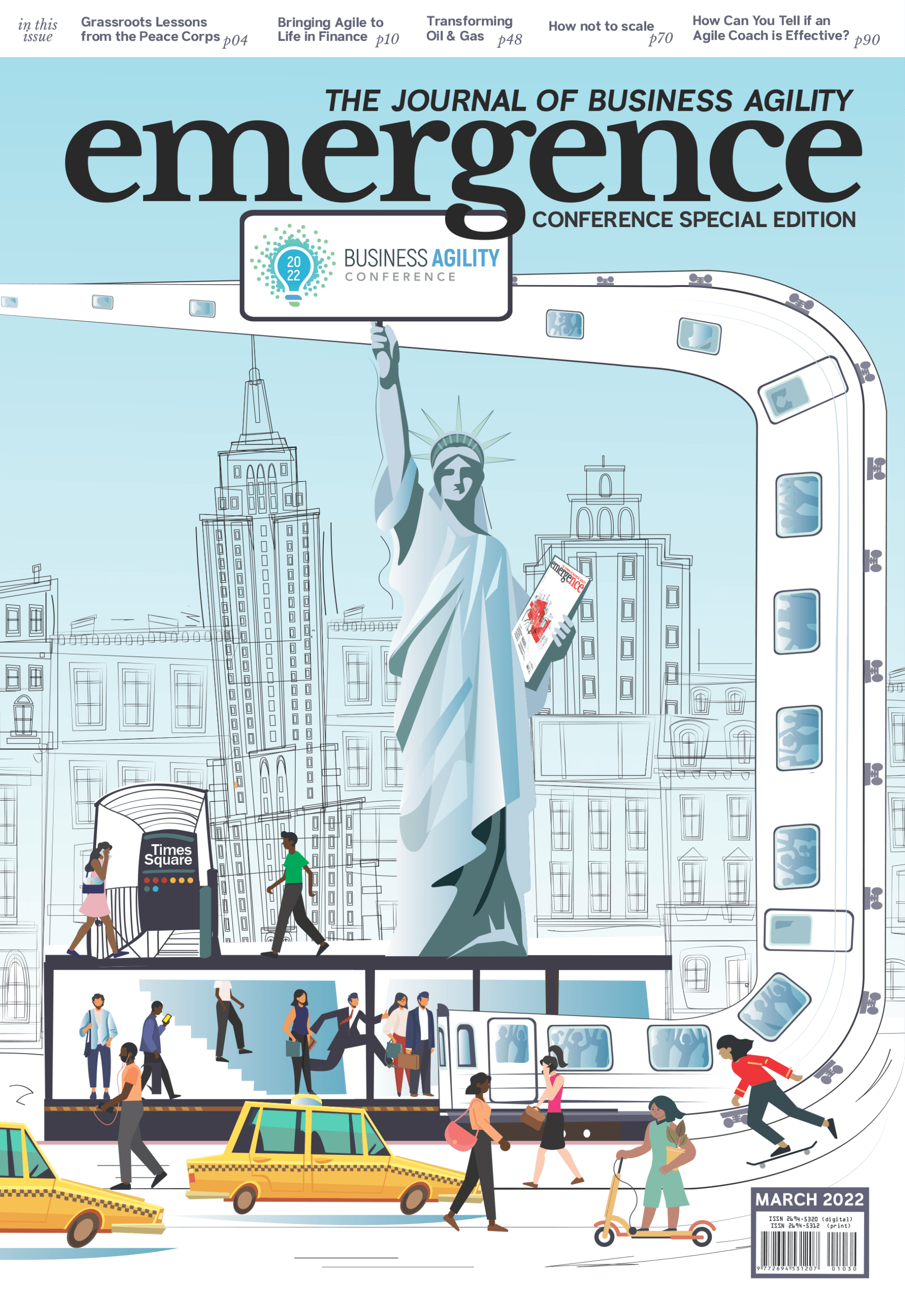 The cover of the March 2022 edition of Emergence, featuring the statue of liberty and other prominent new york landmarks