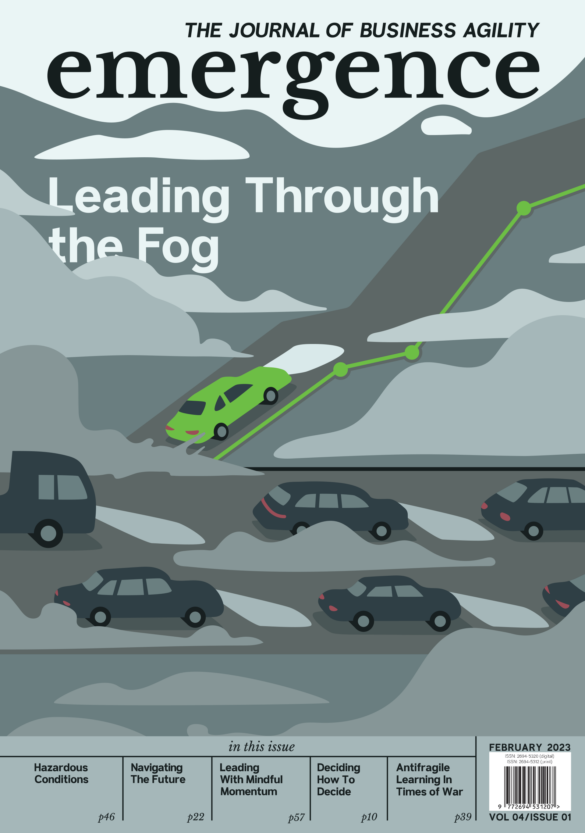 The cover of the February 2023 issue of emergence, which features an illustration of cars driving through fog. One car is green and is following a dotted path out of the fog, rising above the others.