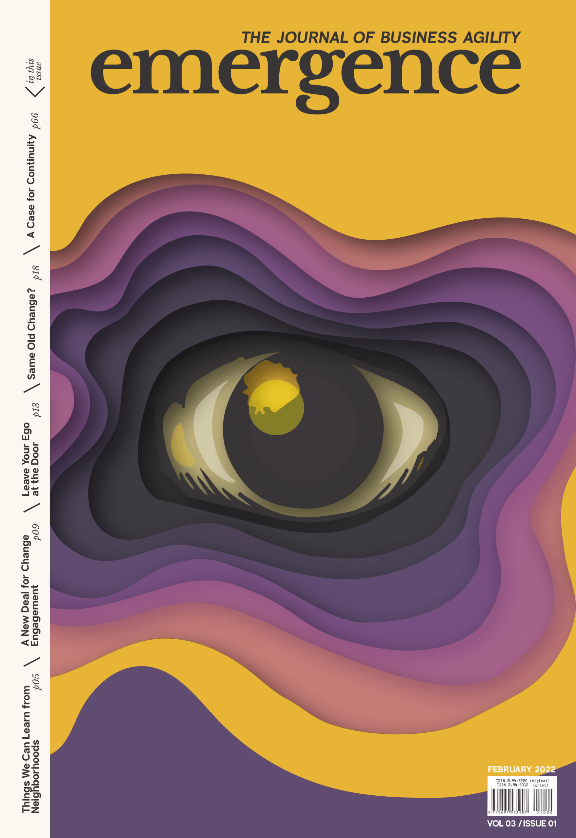 The cover of the February 2022 edition of Emergence, gold and purple in color with an abstract design with an eyeball illustration in the center
