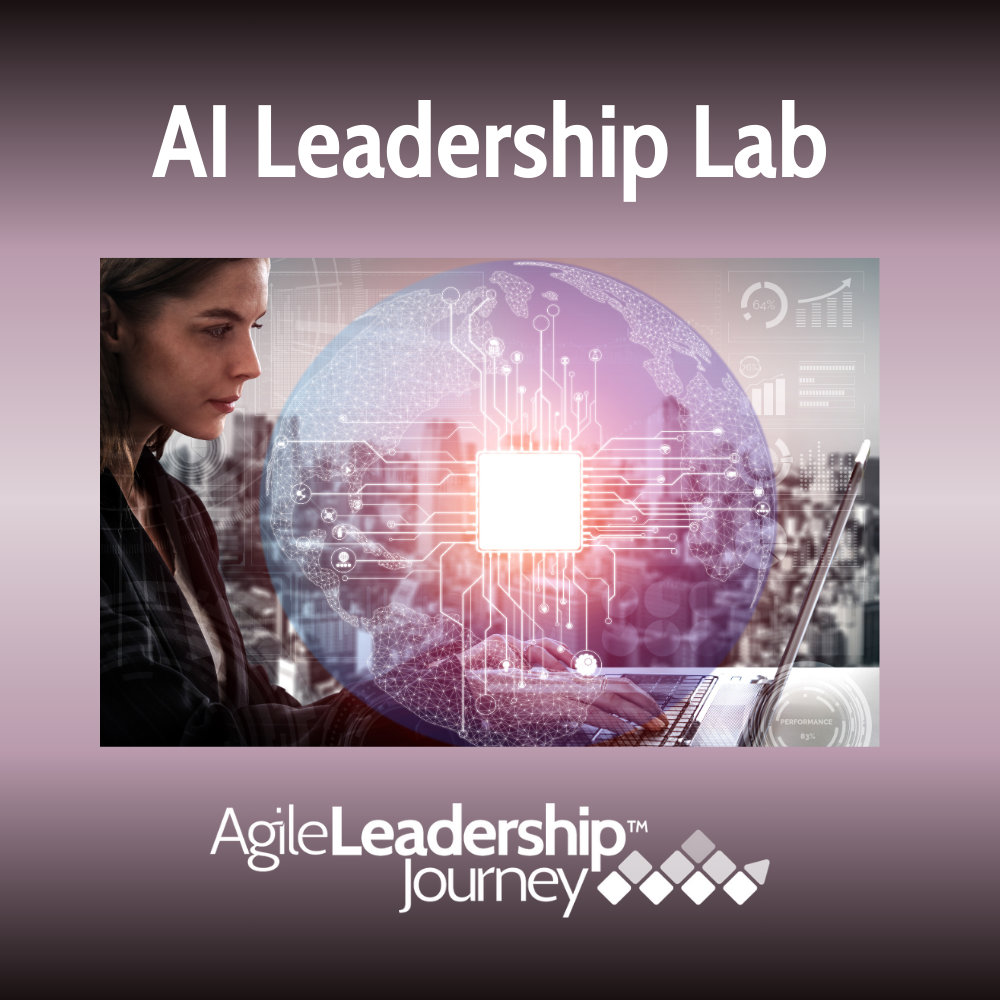 a picture of a woman using a laptop with the words ai leadership lab above her