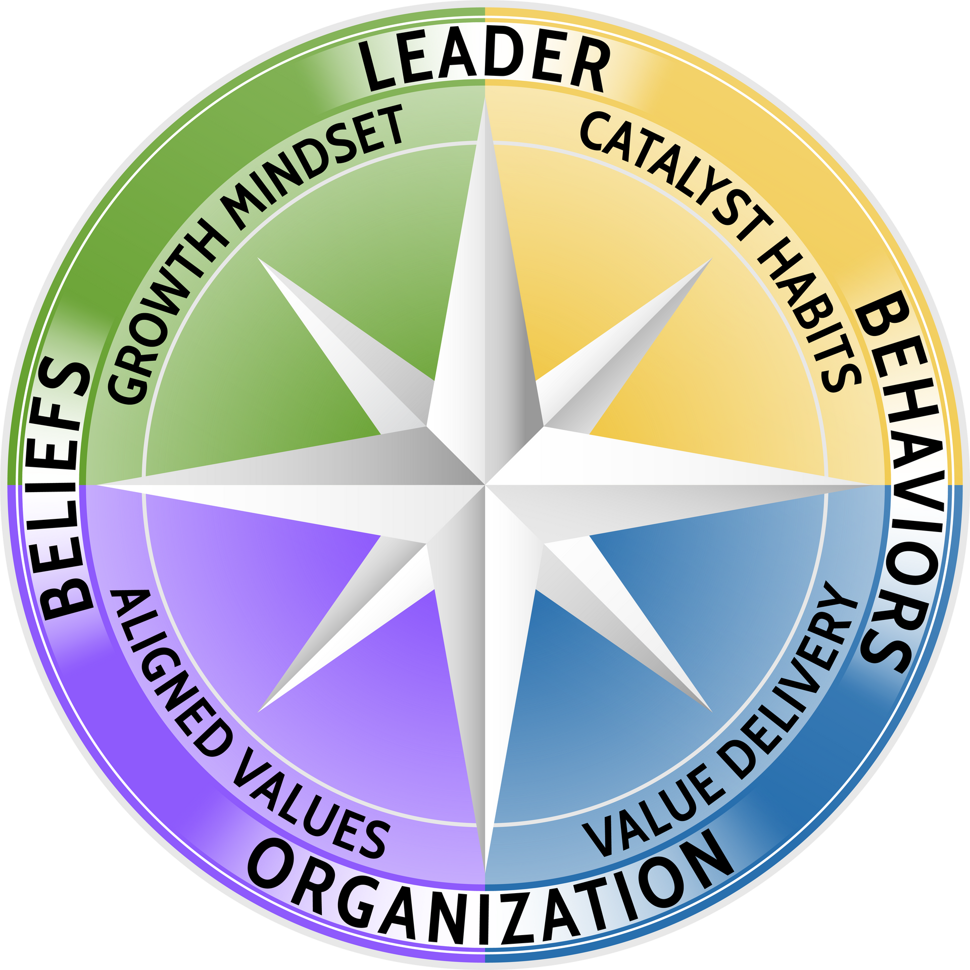 Agile Leadership Journey's compass with the words leader (at top) and organization (at bottom), beliefs (at left) and behaviors (at right) appearing in the outer circle as the directions of the compass. The inner part of the compass is divided into quarters with the words growth mindset and catalyst habits in the top two quarters and aligned values and value delivery in the bottom quarters.