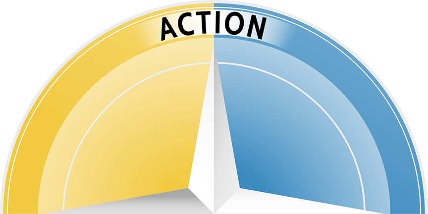 A yellow and blue circle with the word action on it