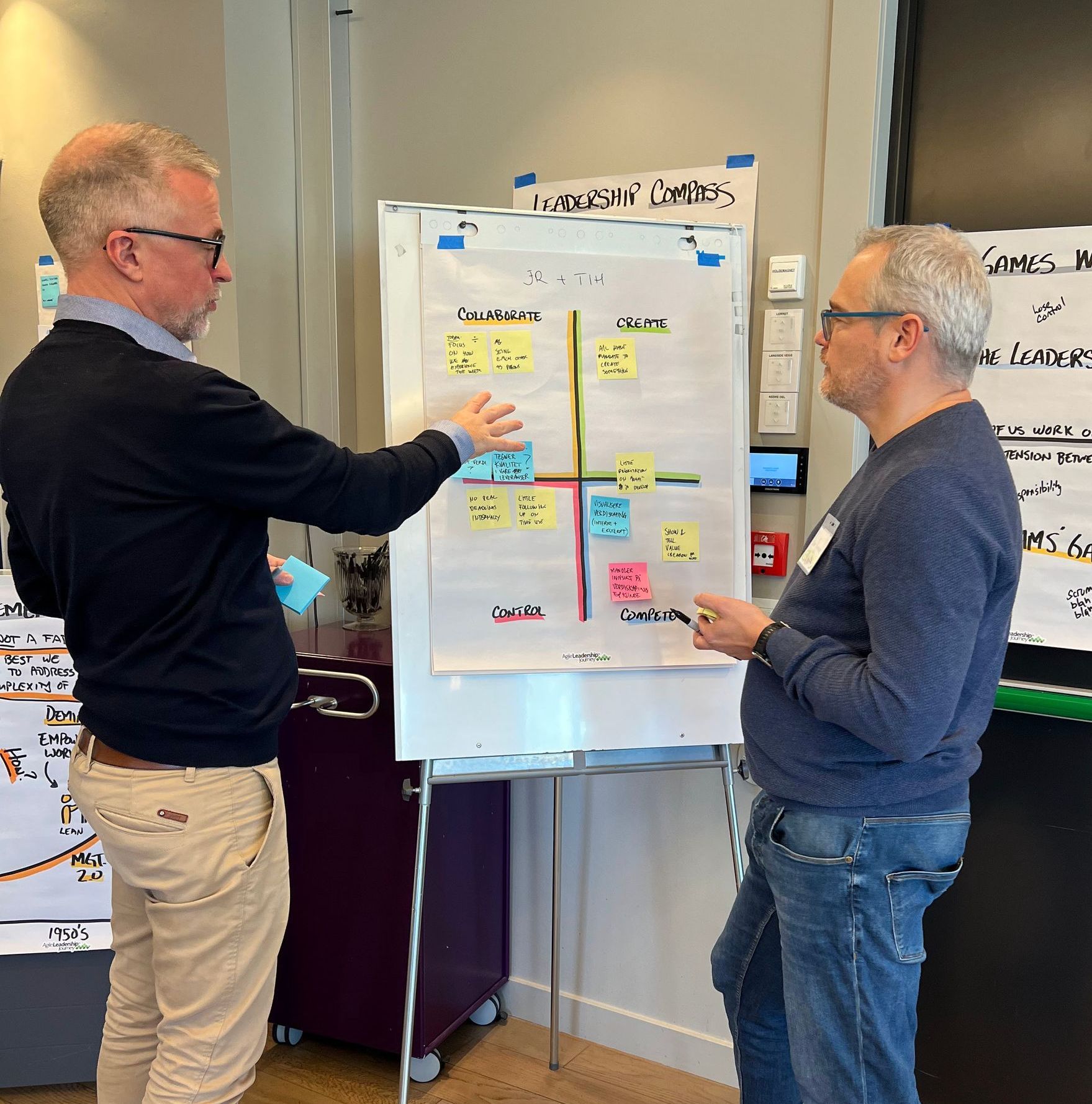 Two men are standing in front of a white board with sticky notes on it