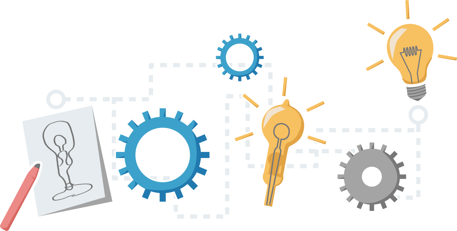 A drawing of a light bulb surrounded by gears and a pencil and the evolution of the creation of the bulb.