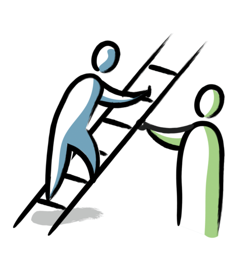 A person is helping another person climb a ladder.