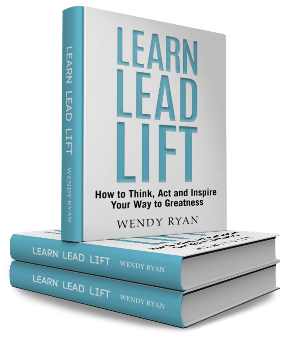 A stack of copies of the books, Learn Lead Lift by Wendy Ryan. One copy is propped upright so you can see the cover. The cover is white with blue text, 