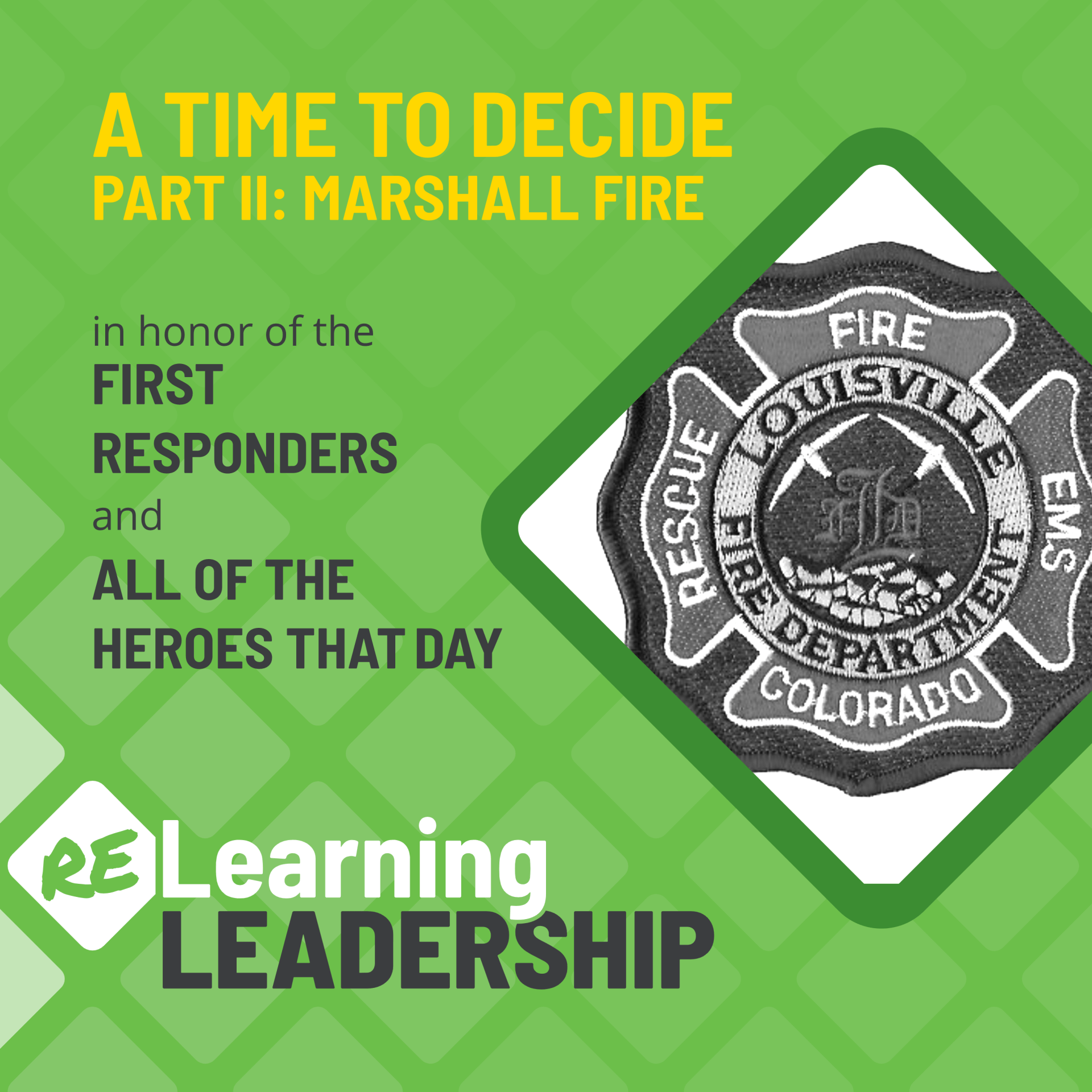 Green background podcast art with gray sheild of Louisville Fire Department