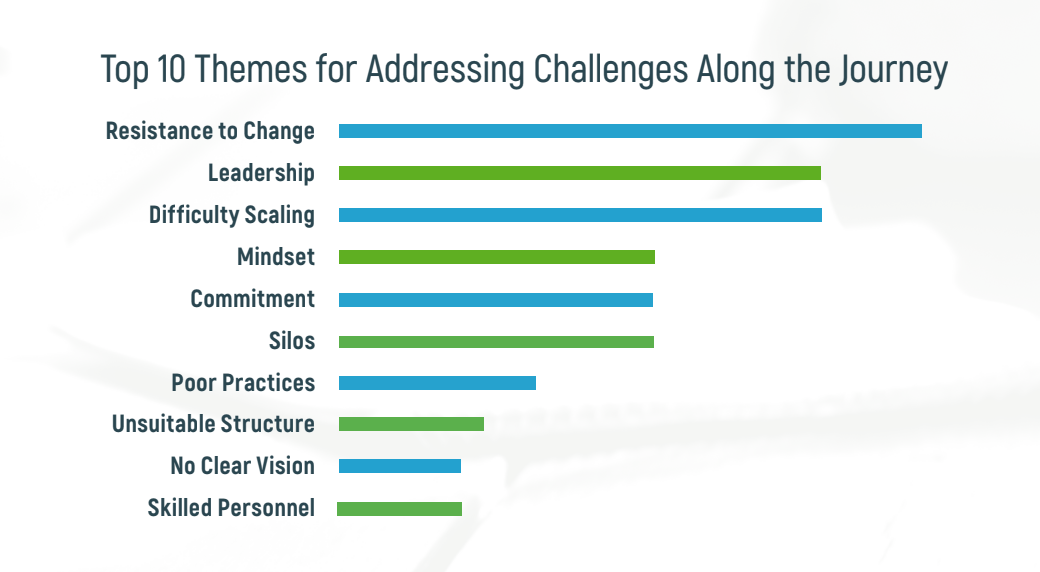A bar chart of the top 10 themes for addressing challenges along the leadership journey