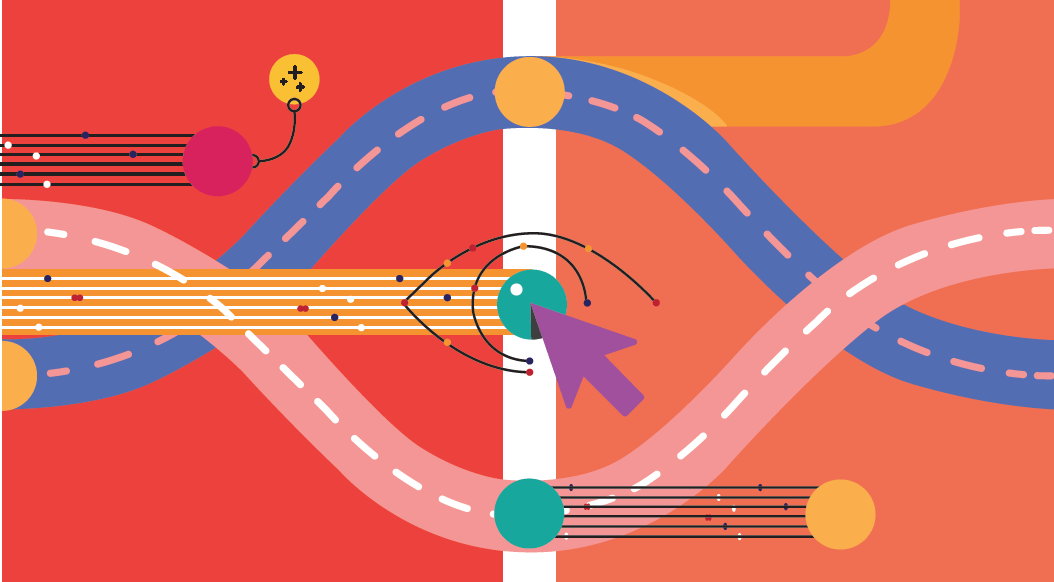 A colorful abstract of what appears to be a network of roads criss-crossing each other.