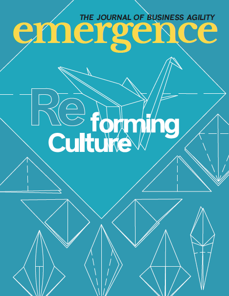 The cover of the September 2022 edition of Emergence, drawings of white origami patterns on a blue background