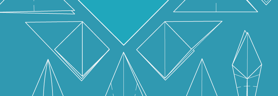 A close up of white origami drawings on a blue background.