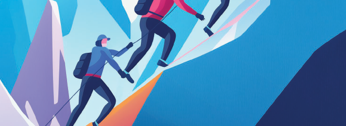 An illustration of a mountaineering team climbing up icy terrain.