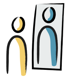 A drawing of two people looking at their reflection in a mirror.