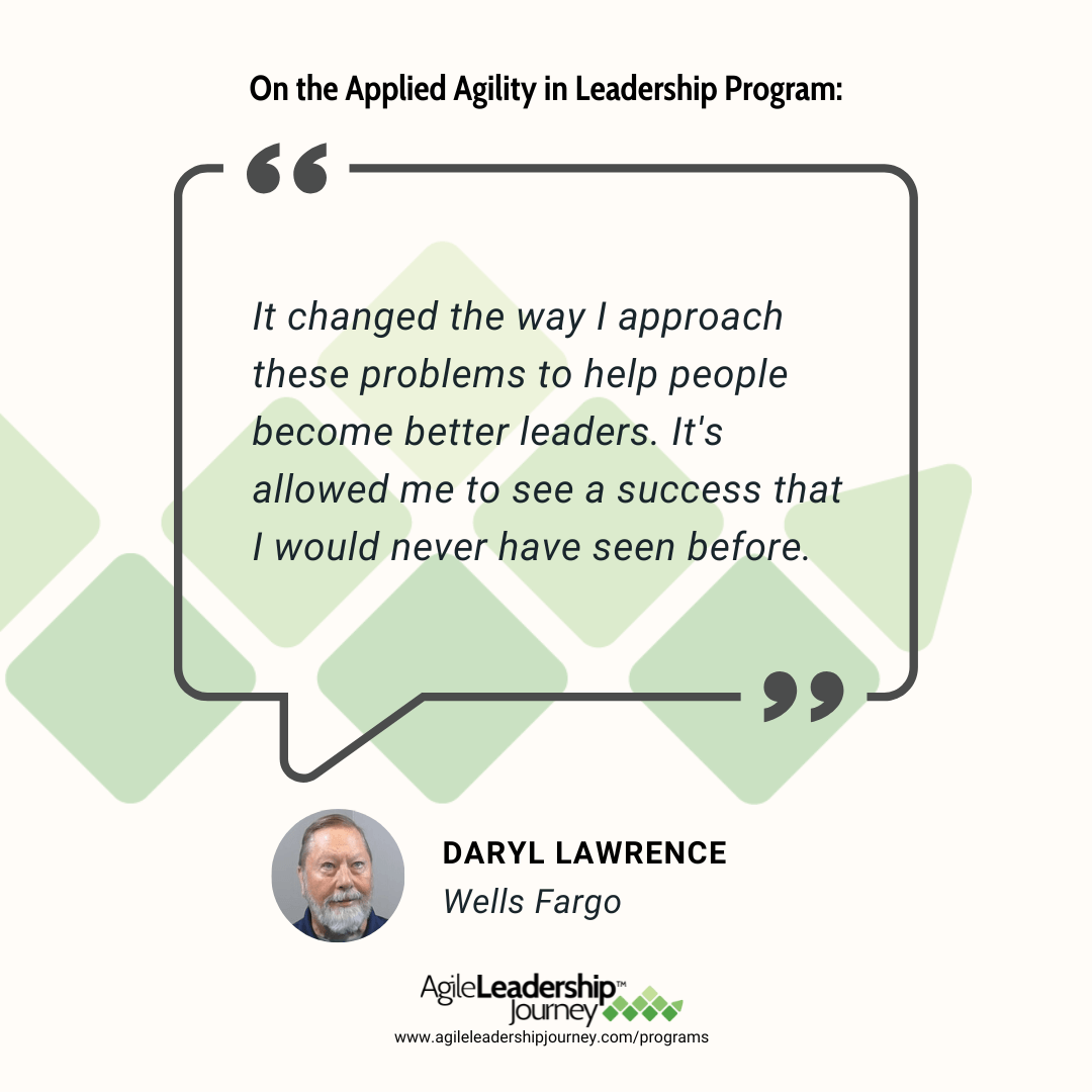 A quote bubble coming from a photo of Daryl Lawrence. Inside the bubble says “It changed the way I approach these problems to help people become better leaders. It's allowed me to see a success that I would never have seen before.”   – Daryl Lawrence, Wells Fargo