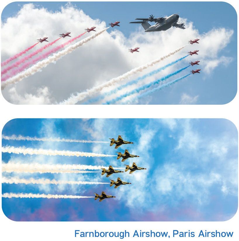 Two pictures of planes flying in the sky with the words farmborough airshow paris airshow on the bottom